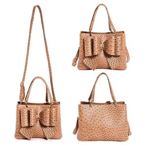 NEW!!! 3D Bow Vegan Leather 3-Way Wear Ostrich Beige Satchel, Crossbody Shoulder